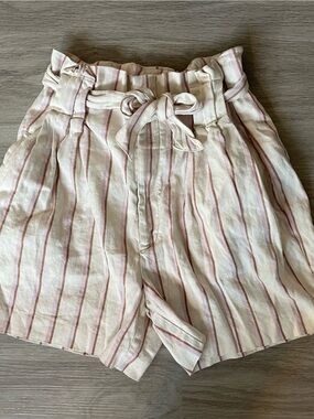 Anthropologie Cream Pink Brown Striped Tie-Waist Shorts Relaxed Summer Paperbag
